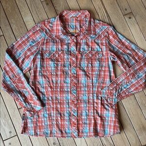 Plaid Button-Up Shirt orange and Blue